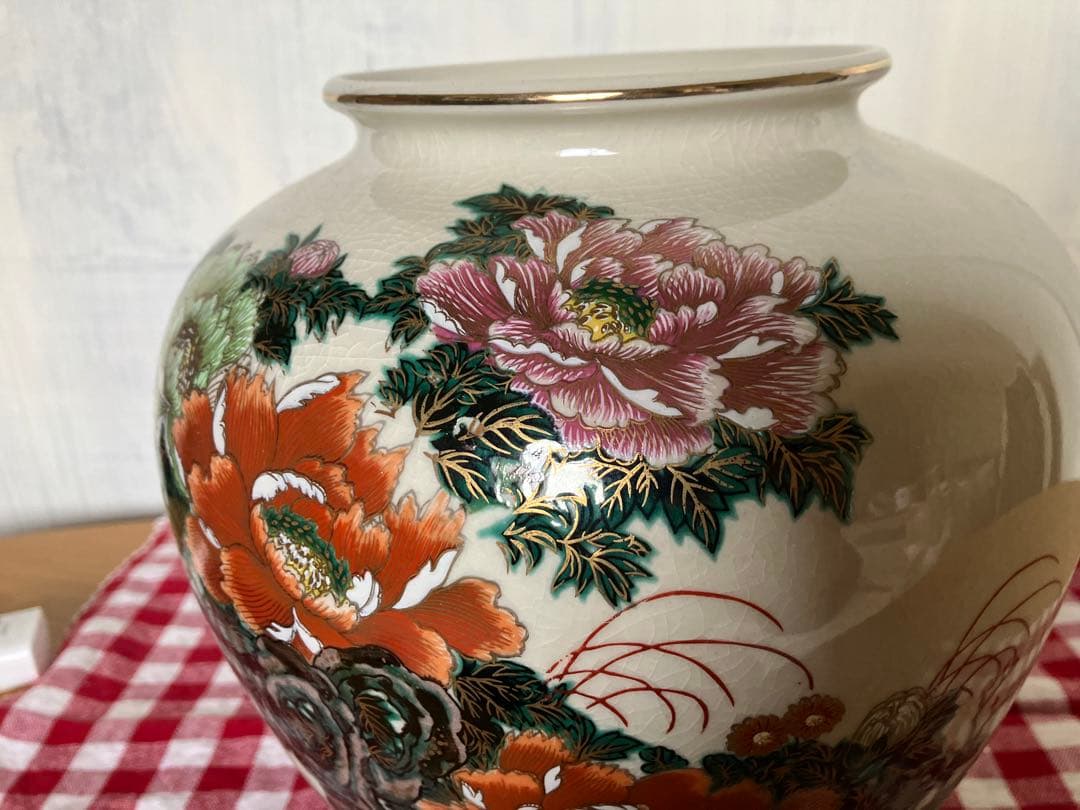 昭和レトロ　古董品　九谷焼　幸作　大型花器　金彩手書き　大富大貴　金牡丹風景