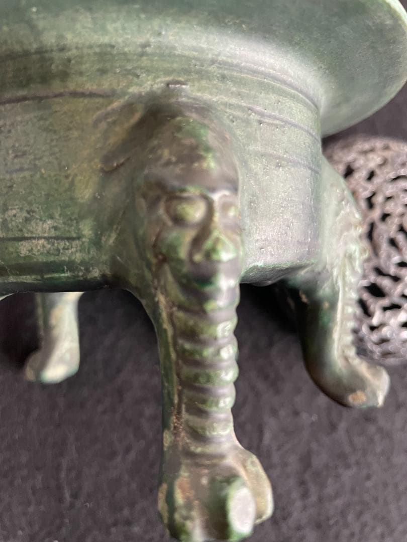 希少 初代 諏訪蘇山 造 漢窯写 緑釉 獣五足 獅子面