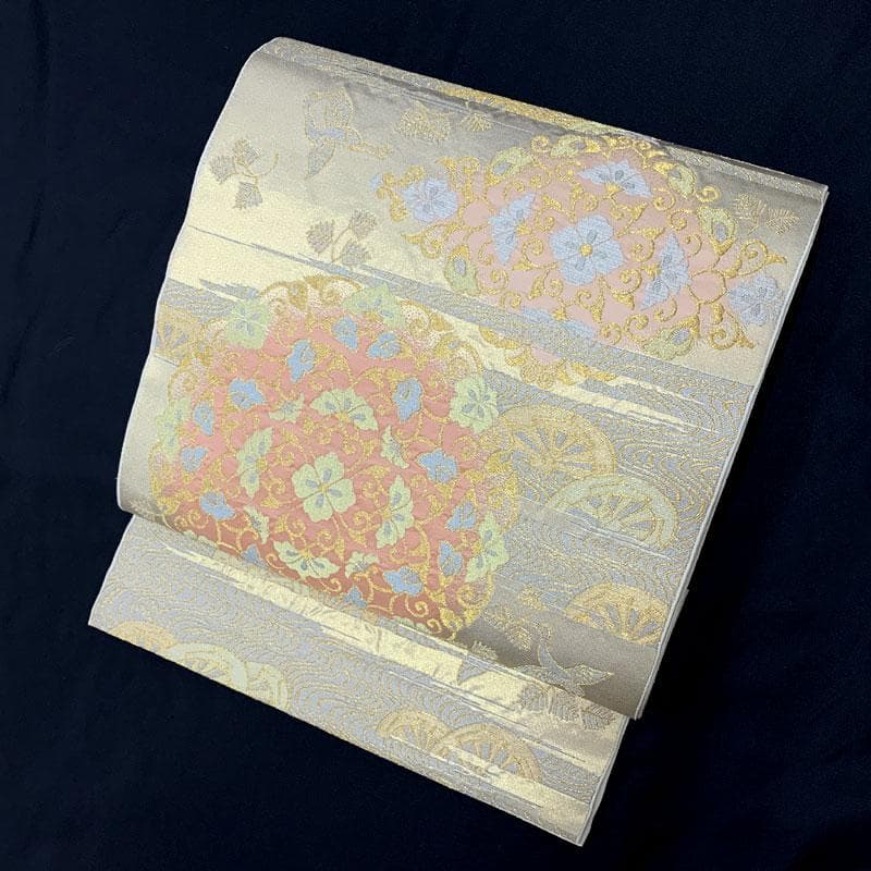 506my12◇川島織物 本金 唐草 松 鶴 源氏車 流水 金糸 六通 本袋帯