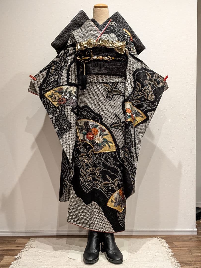 振袖フルセット 身丈157.5裄63.5 総絞り 金銀彩 黒 正絹 逸品 成人式