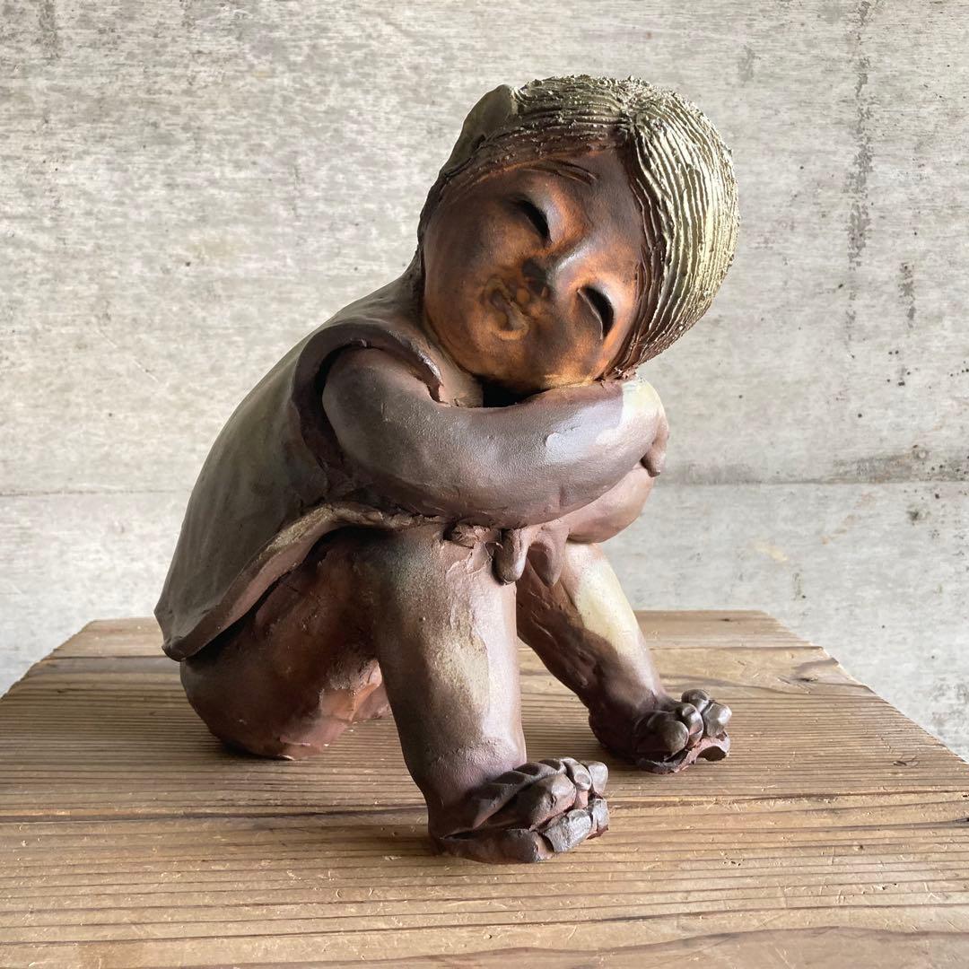 童子 子供 わらべ 像 陶器 陶芸 彫刻 置物 工芸品 和風 オブジェ レトロ