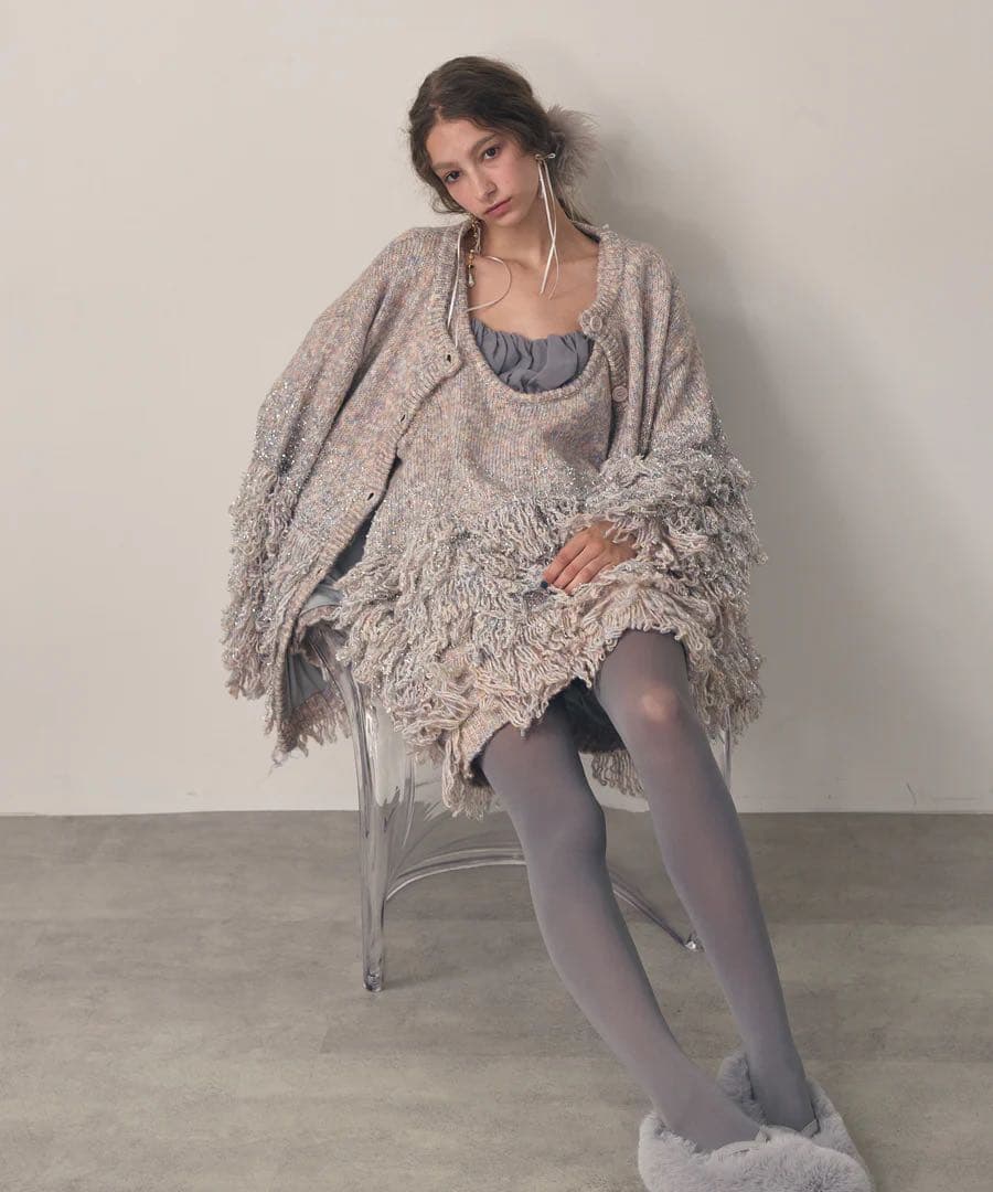 今期完売 ファンシーヤーンループフリンジMIXカーディガン ラベル