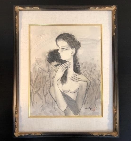 ◇鑑定 登録済◇保証：東郷青児「婦人像」水彩 額装 絵画 洋画家