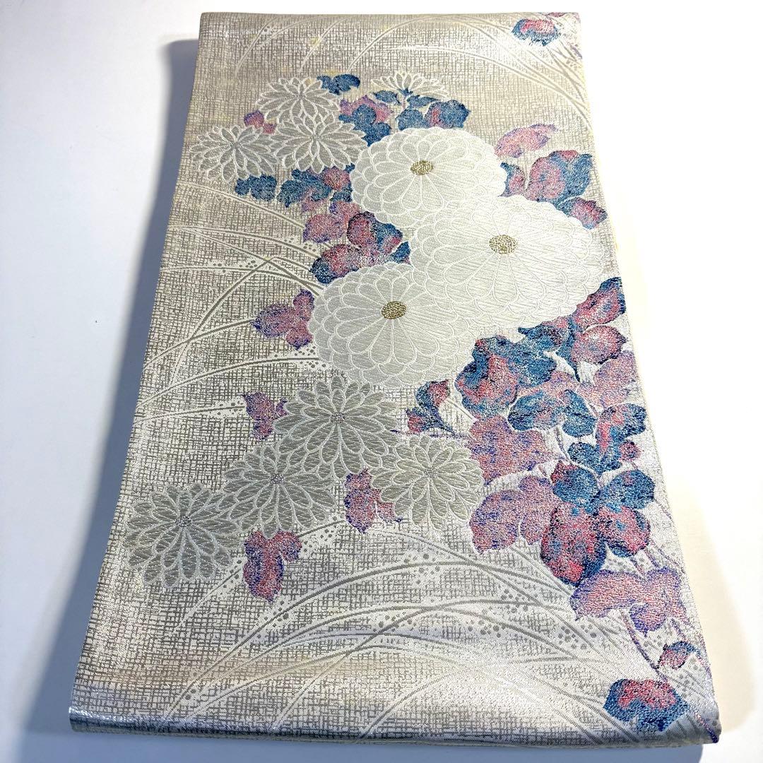 6k275 袋帯 絹 唐織 銀色 白 ピンク 青 花柄 和装 着物 - メルカリ