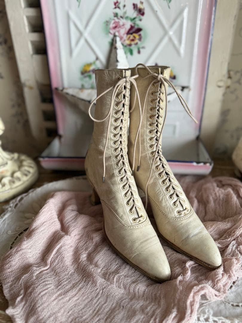 フランスアンティークヴィクトリアンレースアップウェディングレザー