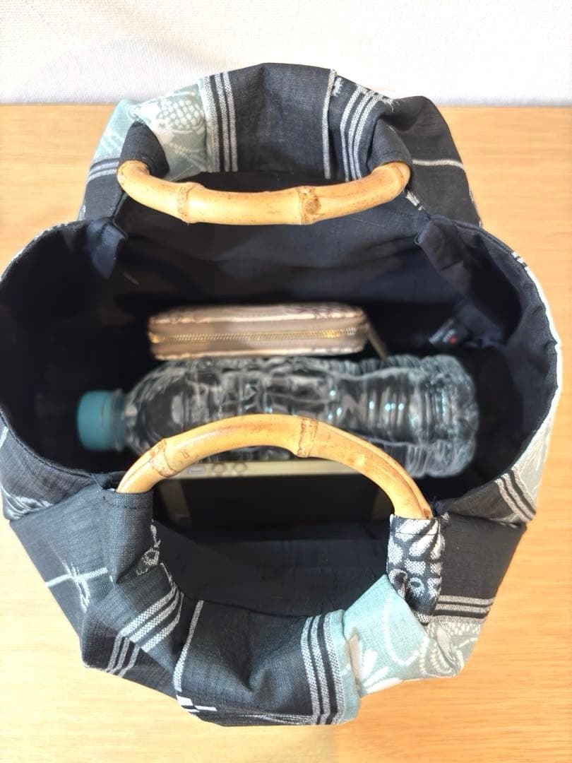 和装バック着物バック琉球柄 蝶と鯉みんさー柄（黒グレー） 入学卒業