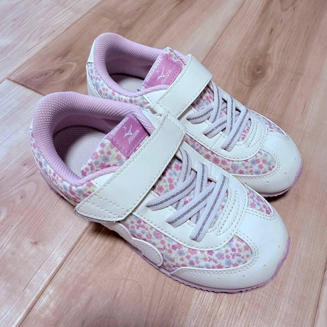 19.5cm Mizuno ミキハウス　コラボ　花柄スニーカー ホワイト/ピンク