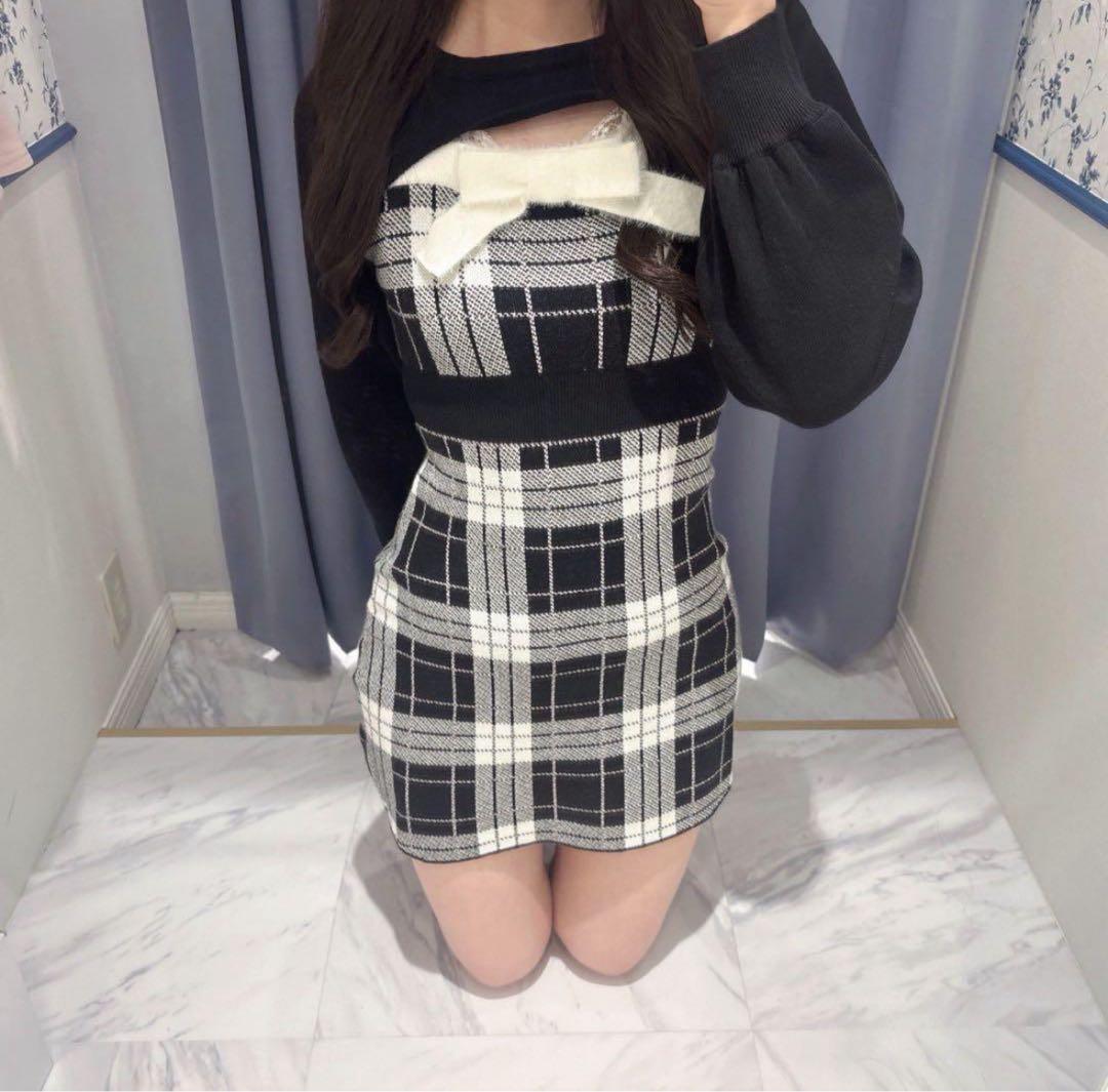 ♡evelyn バストリボンチェックニットOP ブラック 新品未使用♡ - メルカリ