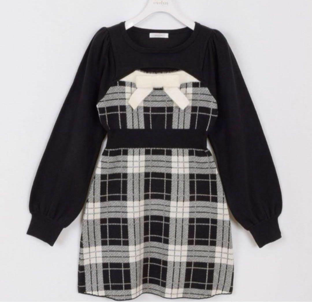 ♡evelyn バストリボンチェックニットOP ブラック 新品未使用♡ - メルカリ