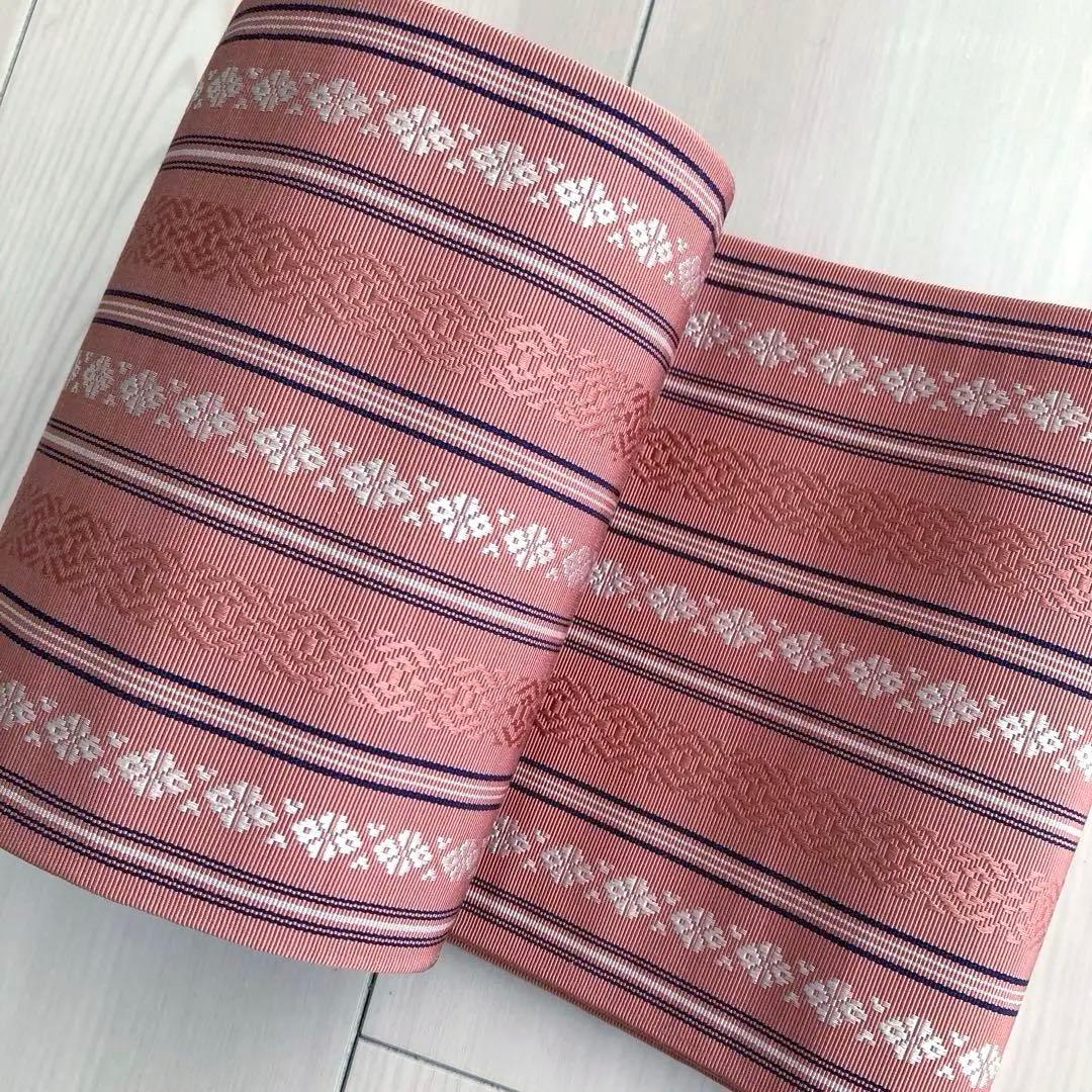 本場筑前博多織　半幅帯　縞模様　正絹　ピンクベージュ　No.7-22