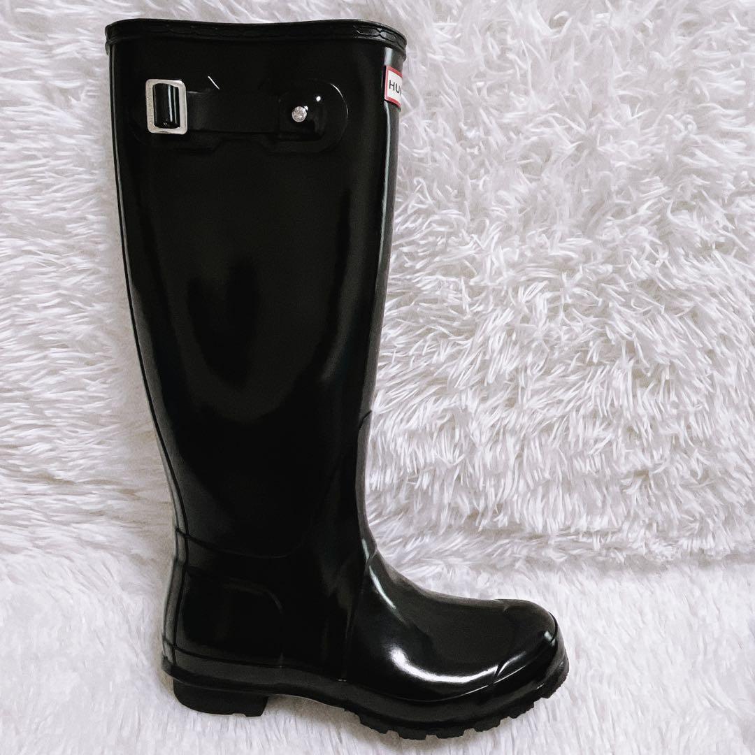《美品》HUNTER レインブーツ トール グロス サイドベルト 24cm 黒