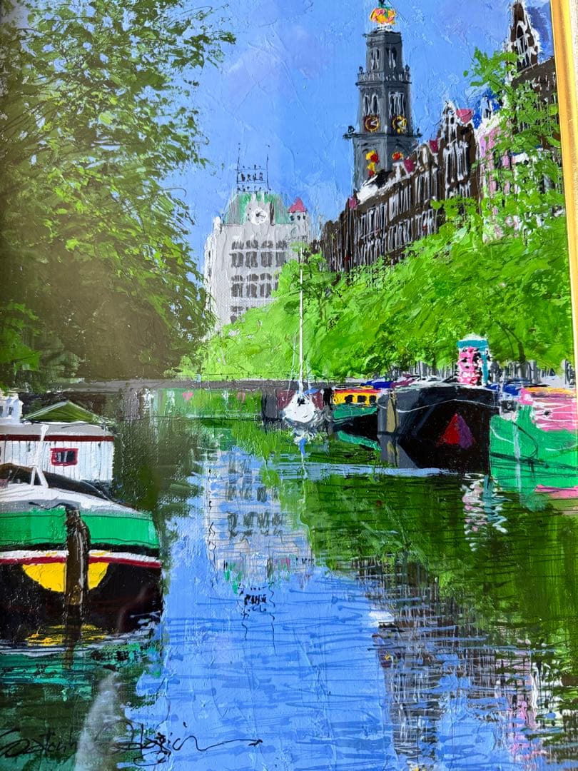 真作 小田切訓「塔のある運河」キャンバスに油彩 F4号 額装・タトウ箱・