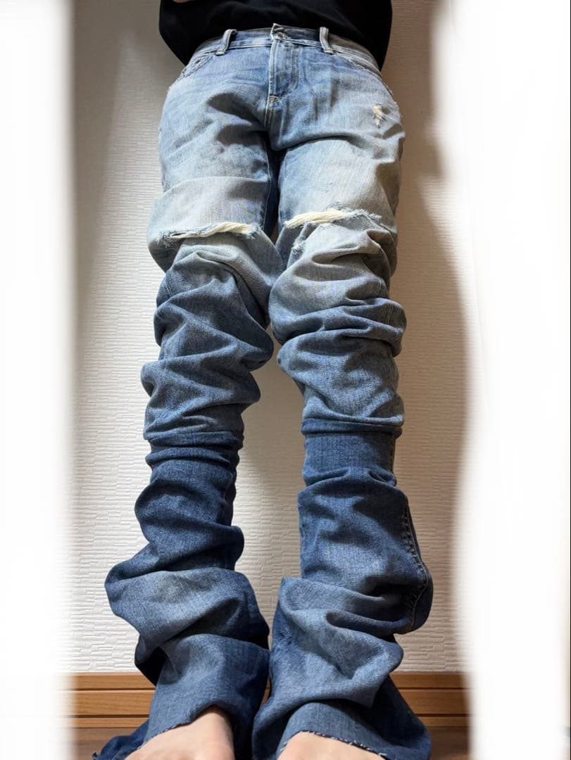 フレアデニム ロングデニム ダメージデニム archive opium Y2K - メルカリ