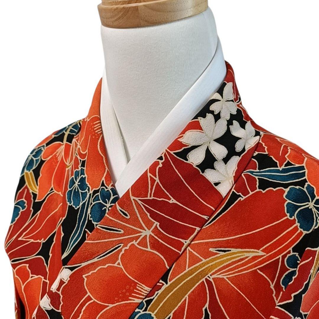 K136 袷 お召し物 着物 小紋 化繊 洗える 花 赤 オレンジ - メルカリ