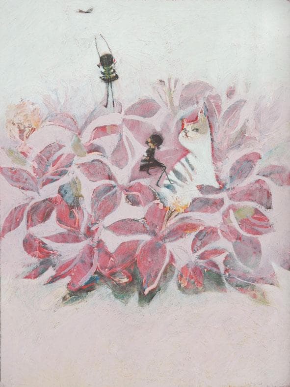 油絵菅家令子絵 絵画インテリア額付(青緑＋金色の枠)uF6-070519猫