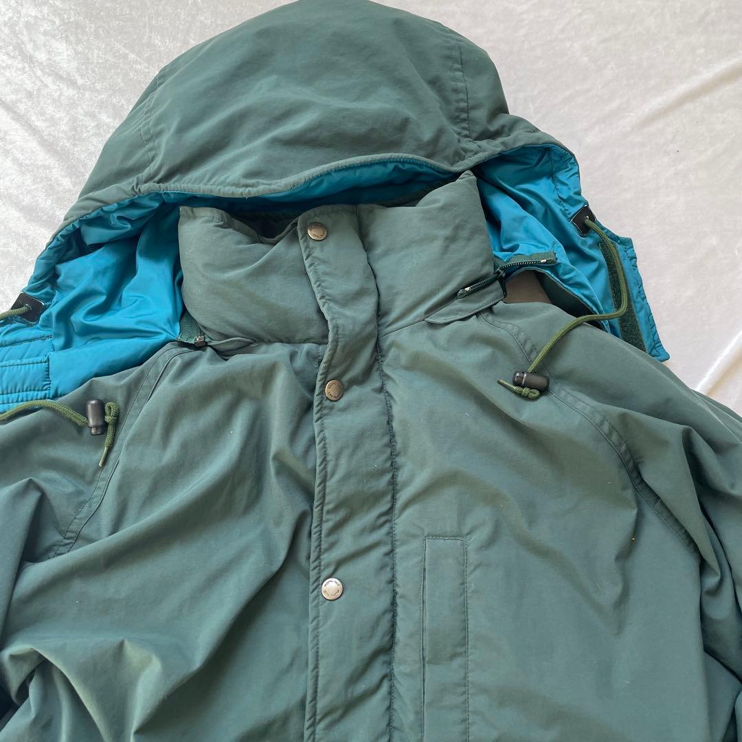 希少 モンベル ダウン M ダークグリーン ダウンジャケット フード付き ロゴ