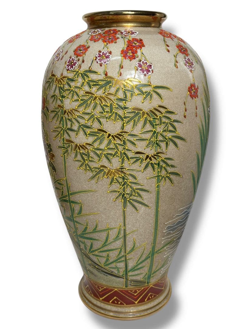 薩摩焼 丸十字紋 色絵金彩 花鳥図 大壺 花瓶 木箱付き S-12