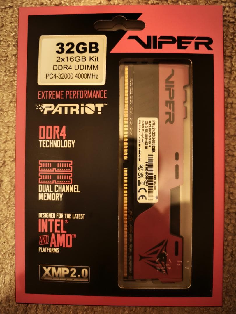 メモリー PATRIOT Viper 32GB DDR4 4000MHz Patriot Viper Elite II DDR4 RAM 32GB (2X16GB) 4000MHz CL20 1.4v