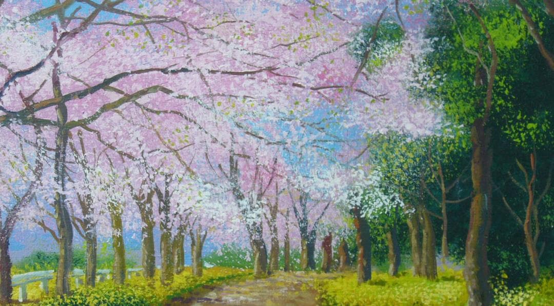 竹内敏彦 絵画 油絵 肉筆油絵 風景画 桜並木 F6 - メルカリ