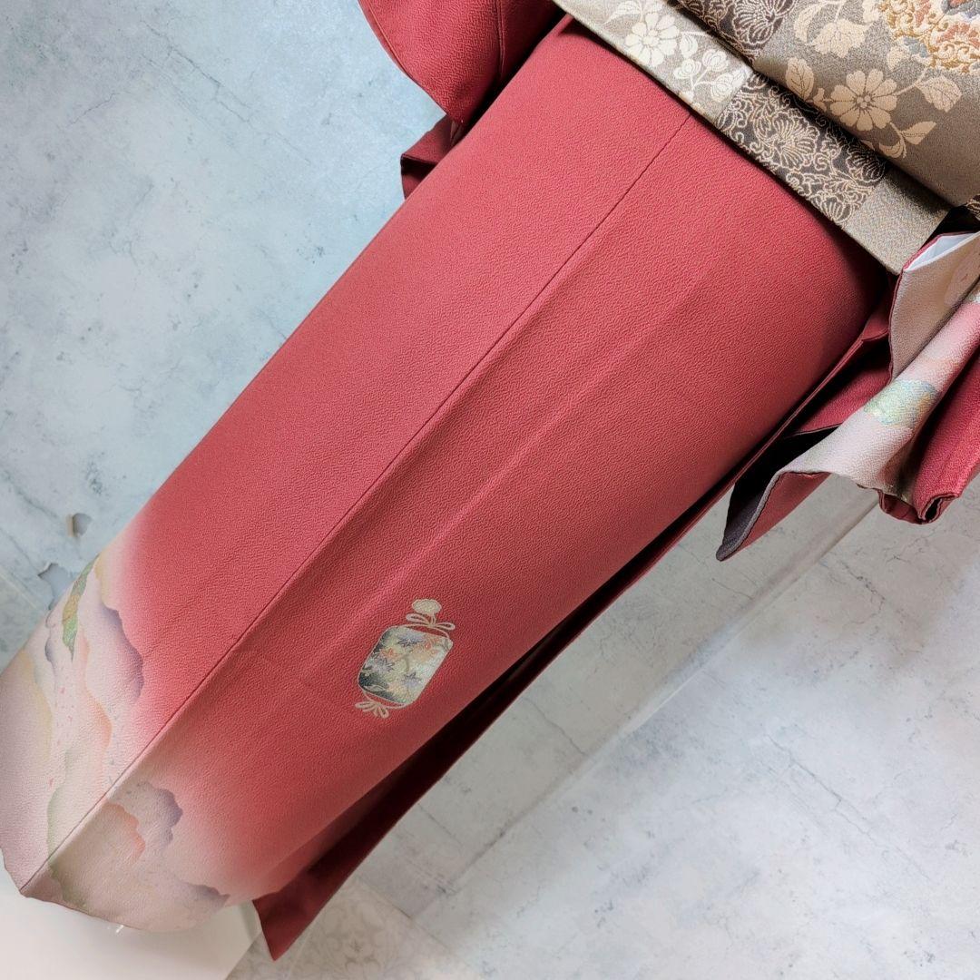 訪問着 フルセット 着物 正絹 赤 金 楽器 笛 バチ衿 O5 - メルカリ