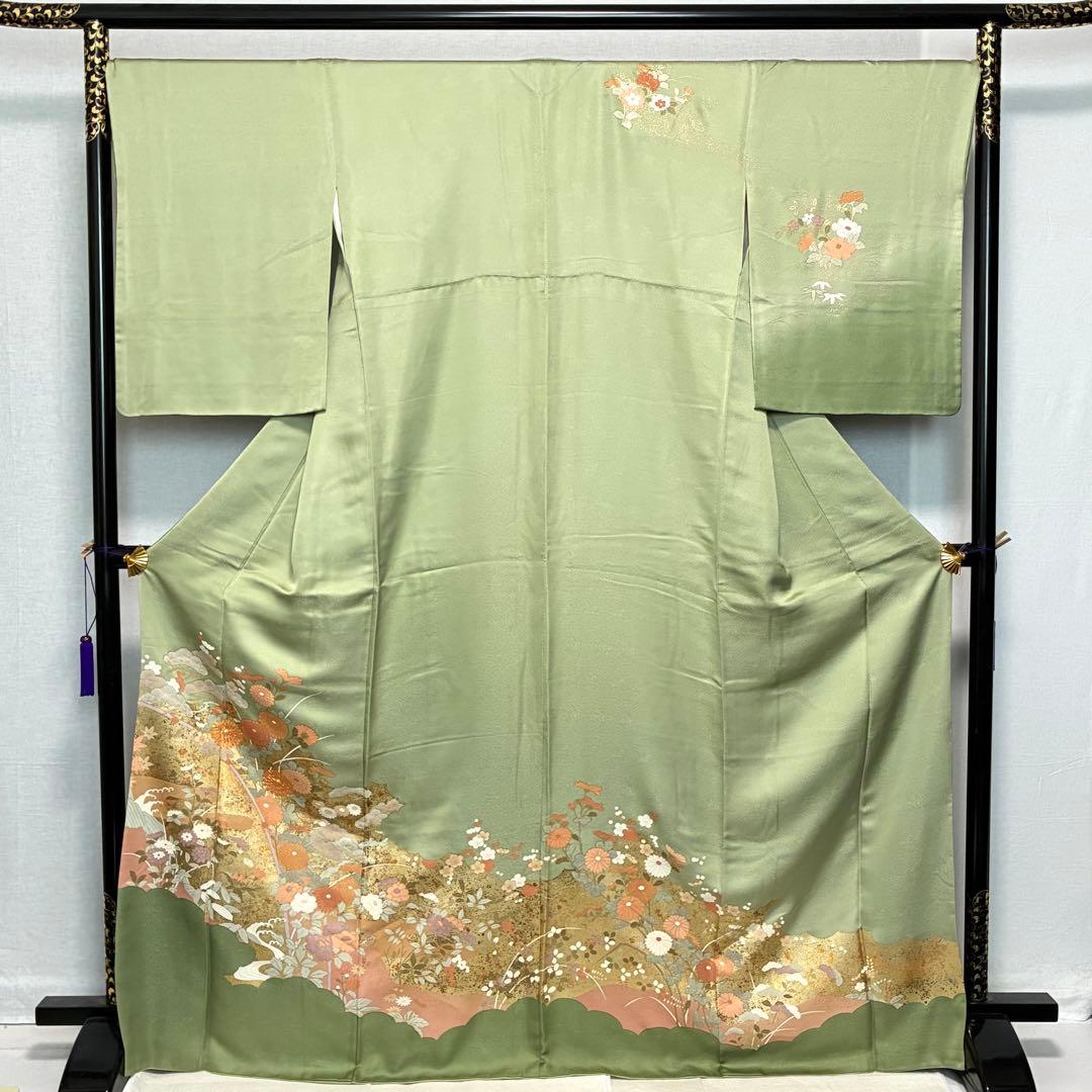 D104 訪問着 花模様 緑 金駒刺繍 正絹 着物 袷 極美品 b493 正絹 袷 訪問着 金駒刺繍 金箔 友禅 圭雲 トールサイズ 極美品