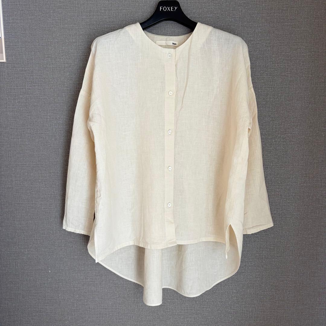 未使用級✨evam eva 水撚りリネンノーカラー 長袖ブラウス アイボリー