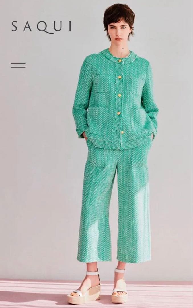 美品 ★ saqui ツイードジャケット　36 Saquiのノーカラーツイードジャケット。 身幅、着丈ともにゆとりのある