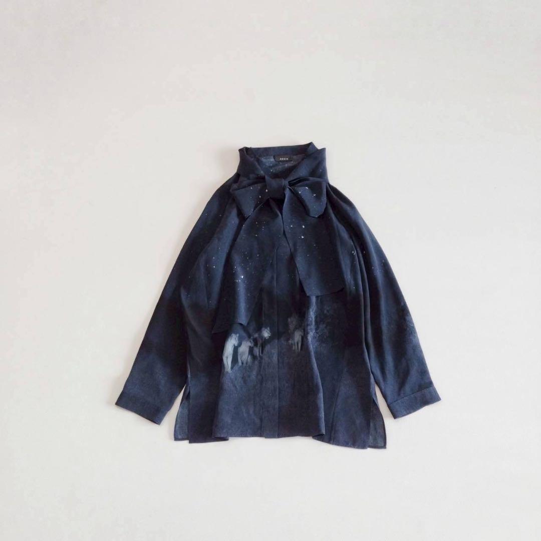 美品⭐️アクリス 長袖ブラウス ボウタイ オオカミ 星柄 シルク100% 13