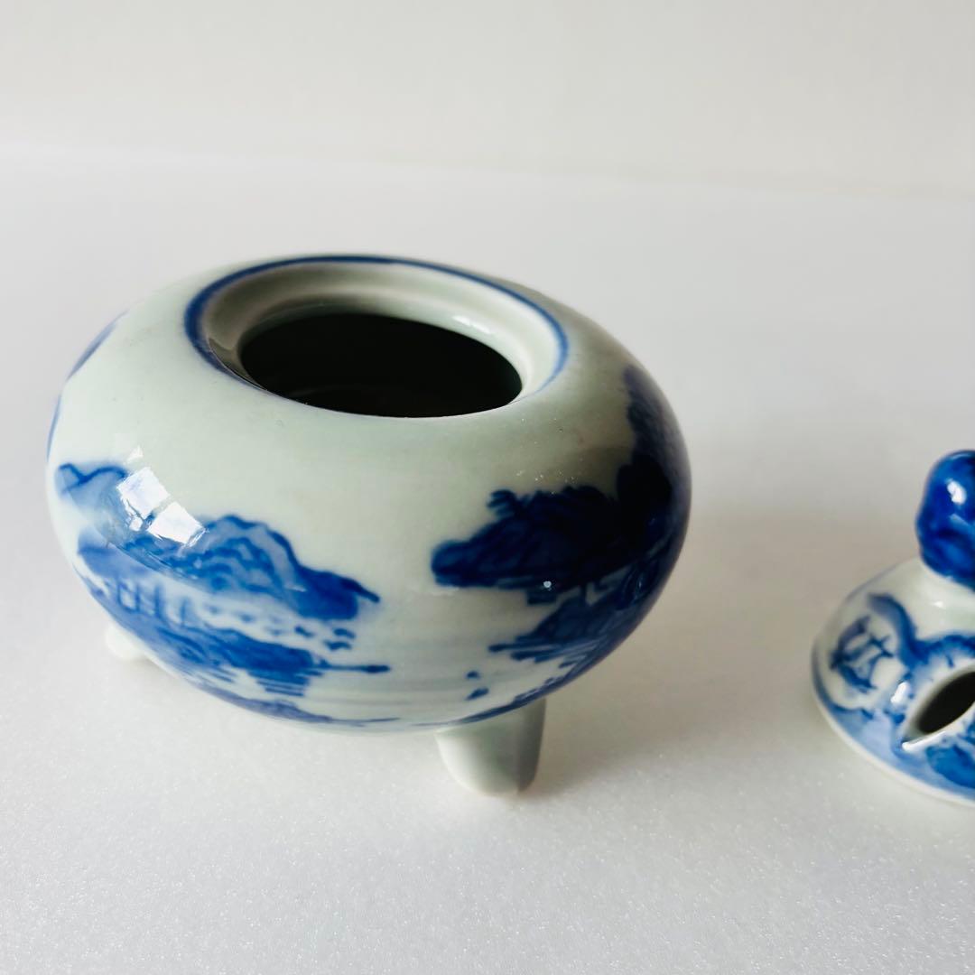 染付 三足 香炉 蓋付き 小壺 透かし 青白磁 中国美術 古陶磁 茶道具