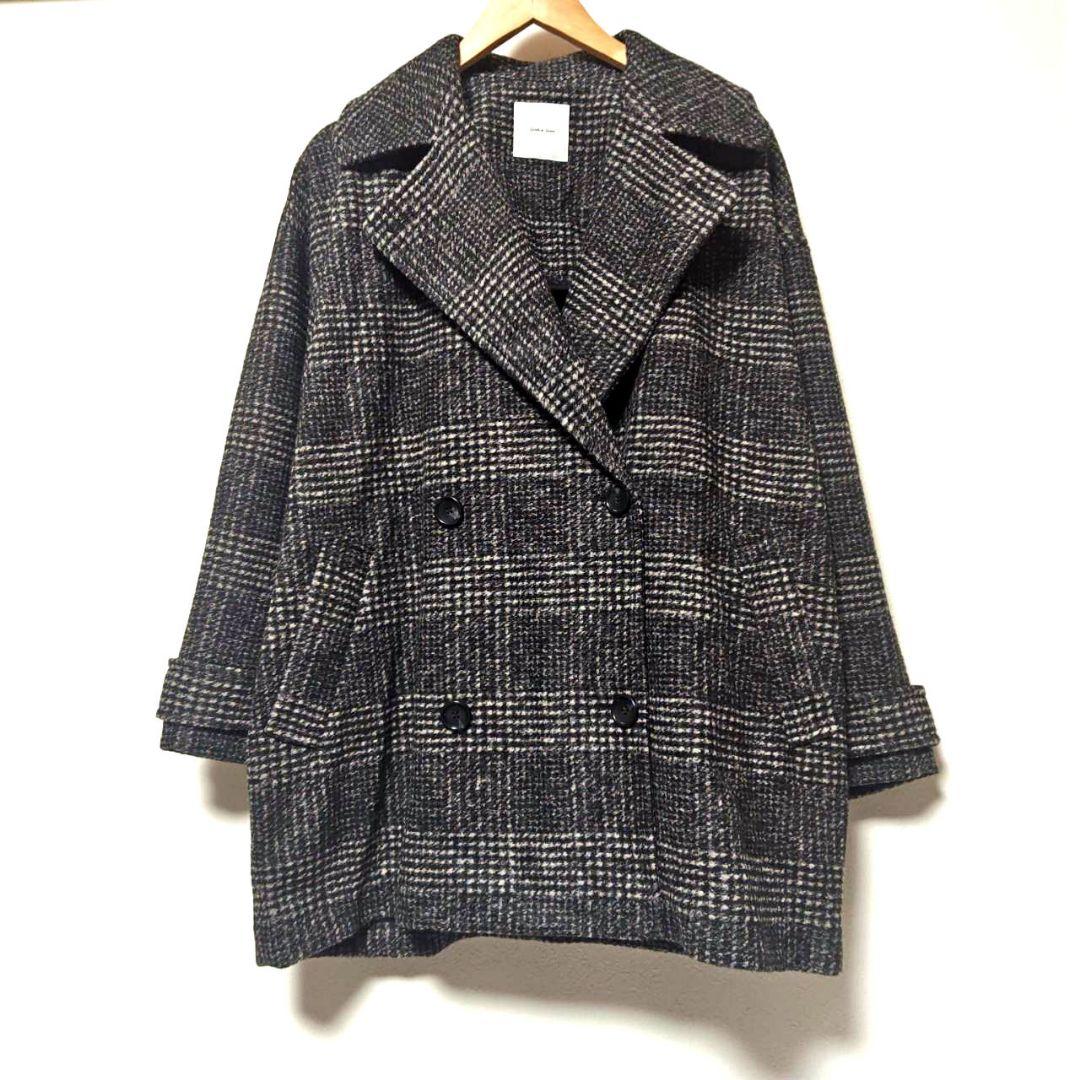 24AW スピックアンドスパン Wスライバーチェックハーフコート 36 黒