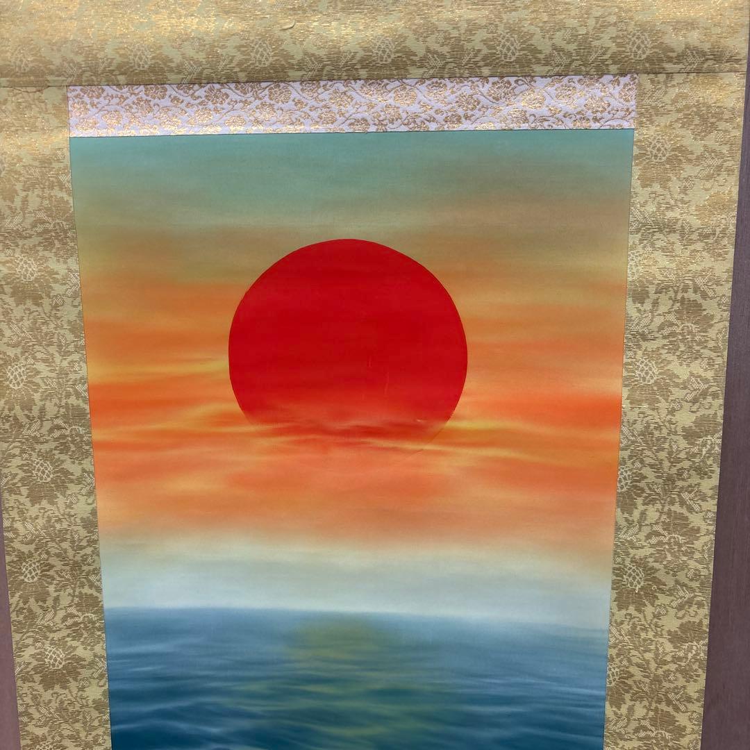 旭日静波 赤い太陽と海の風景掛軸 0121o81