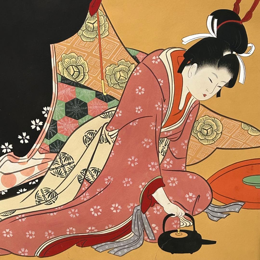 日本画 女性の姿 縦長 フレーム付き 明治写実画 ミニ版人物画12