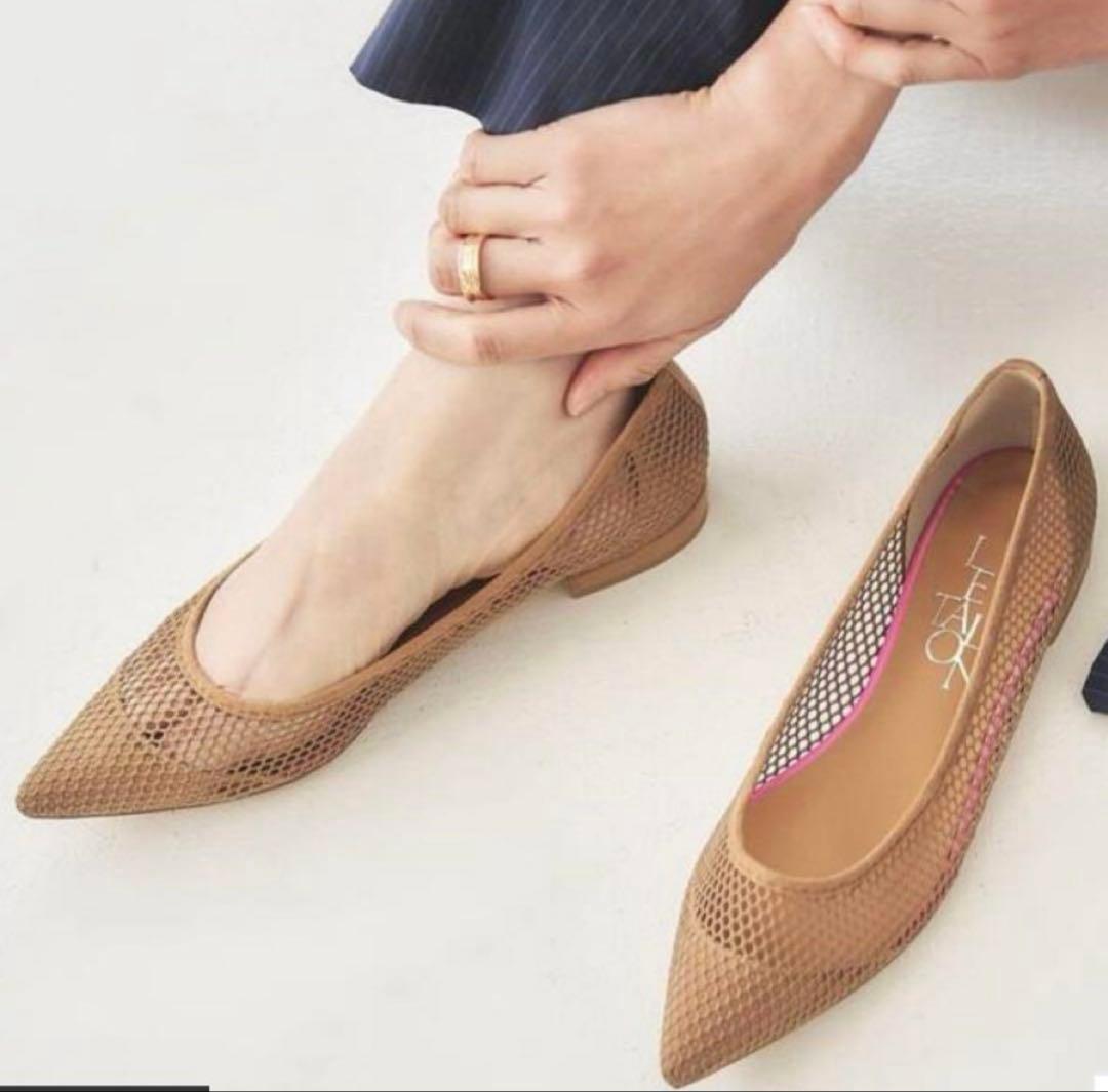 LETALON ルタロン ポインテッドネットフラットパンプス キャメル 24.0