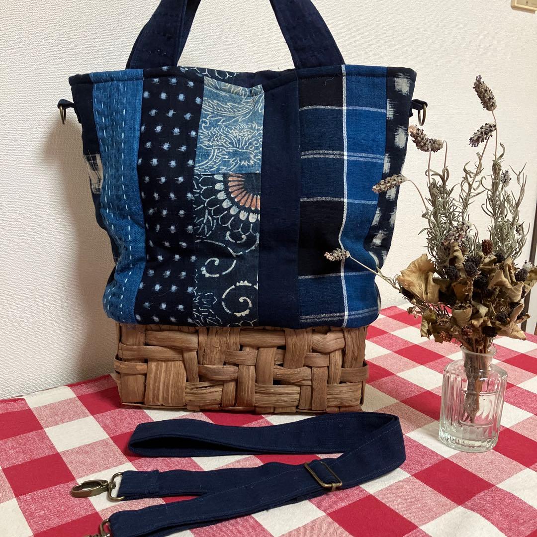 国産山葡萄籠かご藍染古布紅花染め刺し子2way手提げショルダーバック