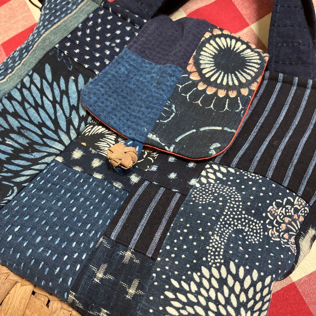 国産山葡萄籠かご藍染古布紅花染め刺し子2way手提げショルダーバック