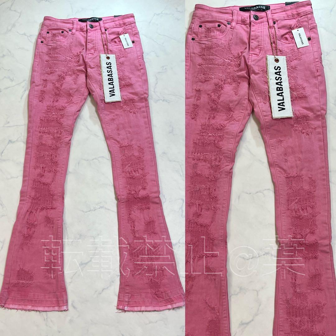 VALABASASバラバサススキニーフレアダメージピンクデニムクラッシュ