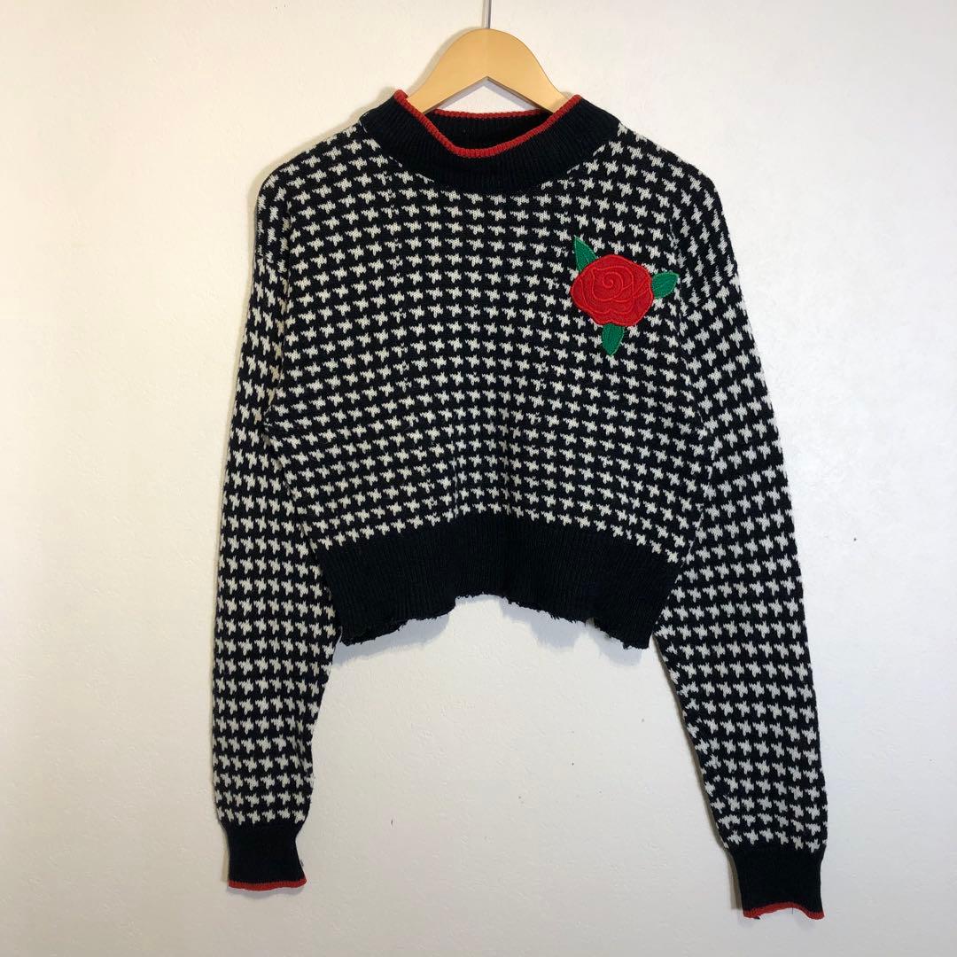 80s 90s ヴィンテージ 千鳥柄 花柄 クロップド ニット セーター 短丈