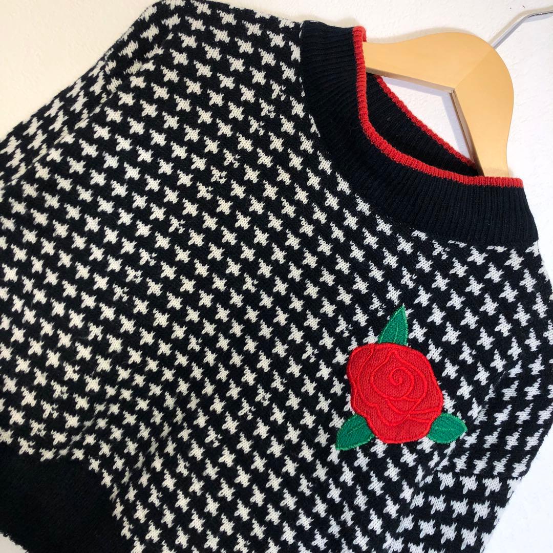 80s 90s ヴィンテージ 千鳥柄 花柄 クロップド ニット セーター 短丈