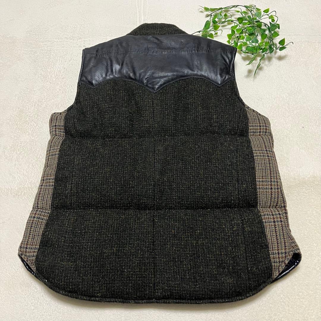 90s 英国製 ビンテージ ハリスツイード レザーヨーク切り替えダウンベスト
