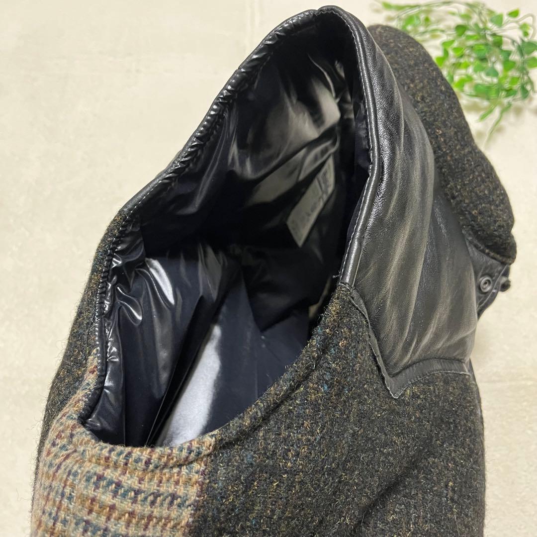 90s 英国製 ビンテージ ハリスツイード レザーヨーク切り替えダウンベスト