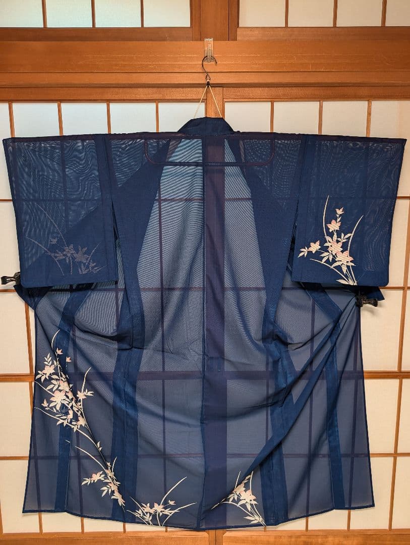 絽 夏着物 訪問着 付け下げ ネイビー 花柄