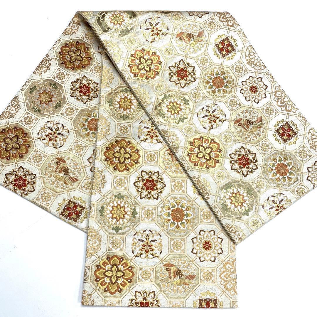 帯1661 ○高級 正絹 六通 袋帯 花文 華文