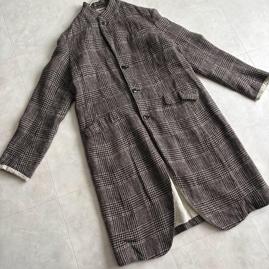 pas de calais ノーカラー ロングコート 茶系36 グレンチェック - メルカリ
