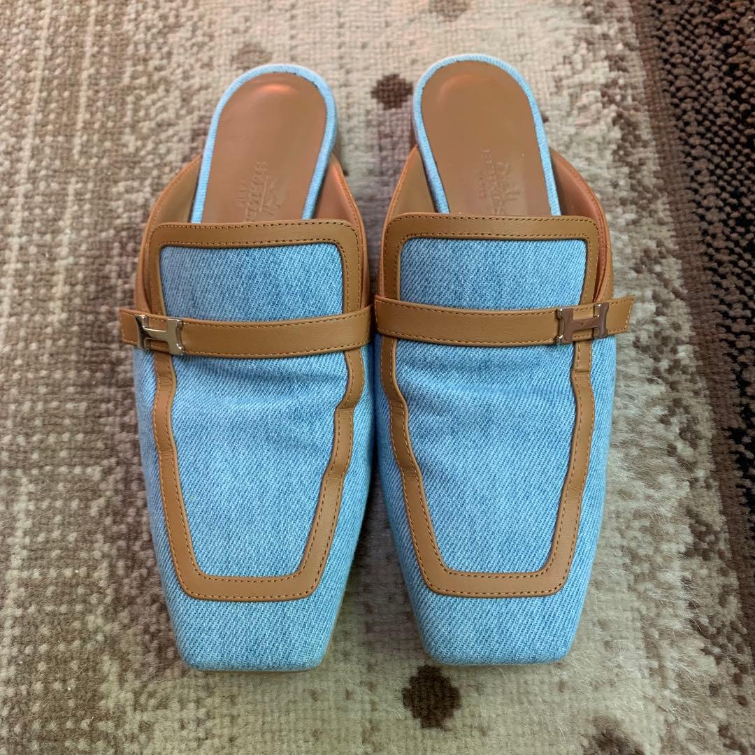 HERMES エルメス グルーピー デニム レザー サンダル 35 22.5cm