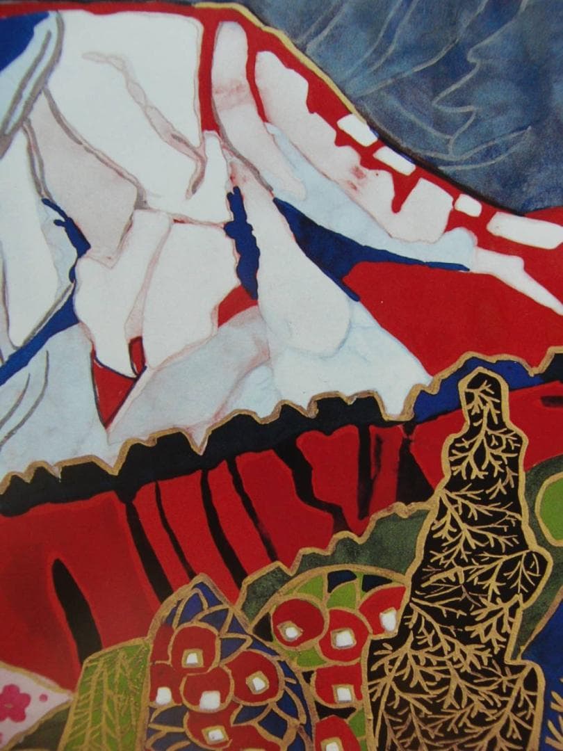 片岡 球子、【春の花と富士】、大判、超希少画集・額装画、状態良好