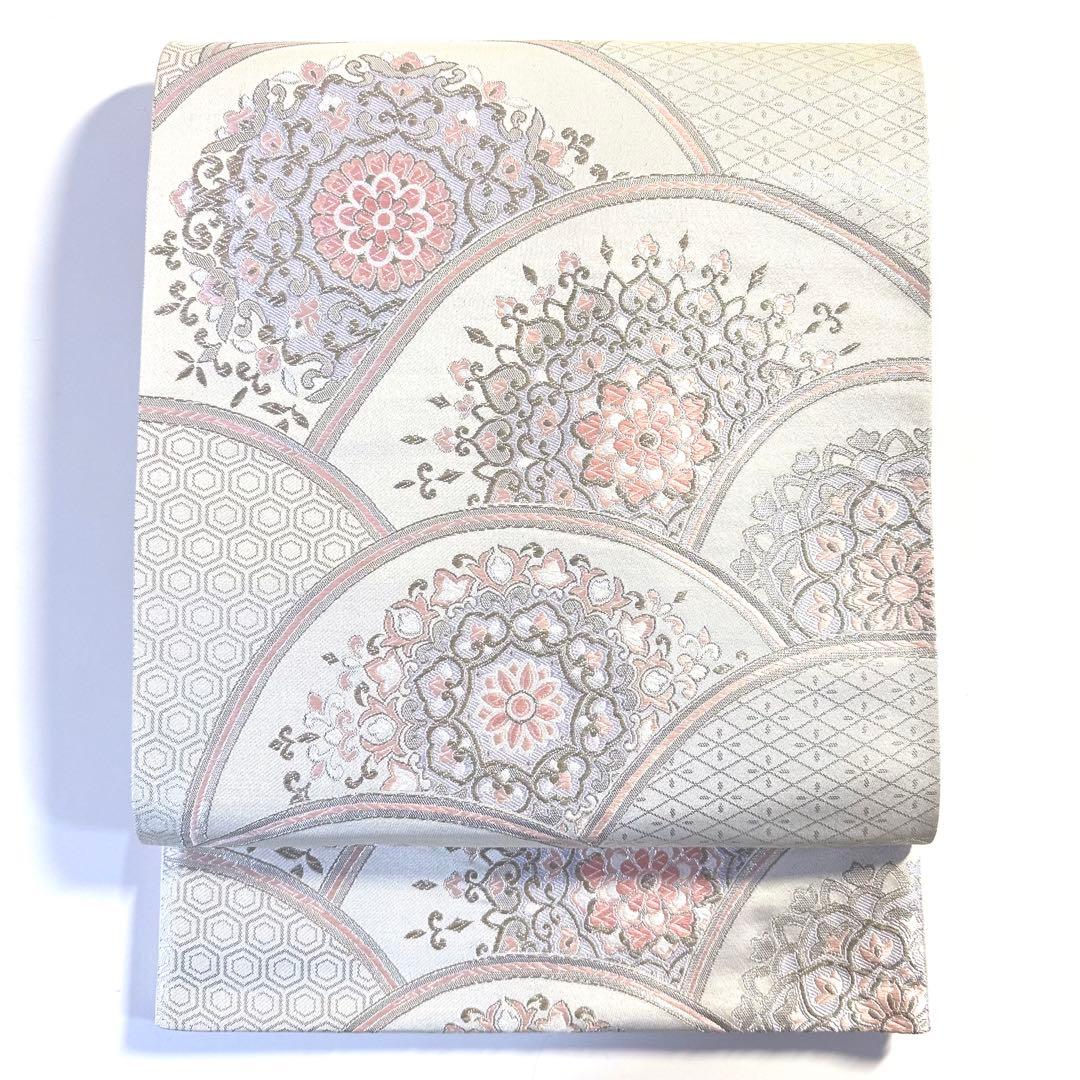 6k277 袋帯 絹 唐織 正倉院文様 華文 銀色 白 ピンク 紫 花柄 和装