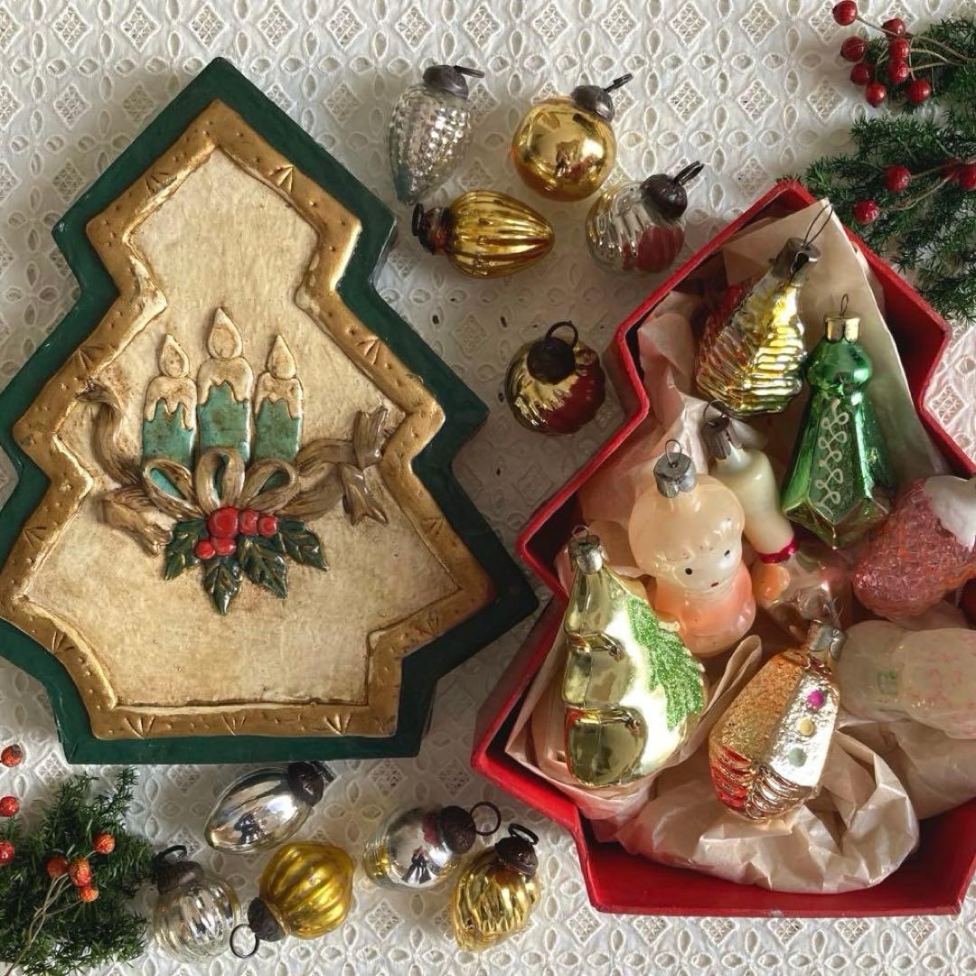 ツリー型ボックス入りアンティークガラスクリスマスオーナメント18個