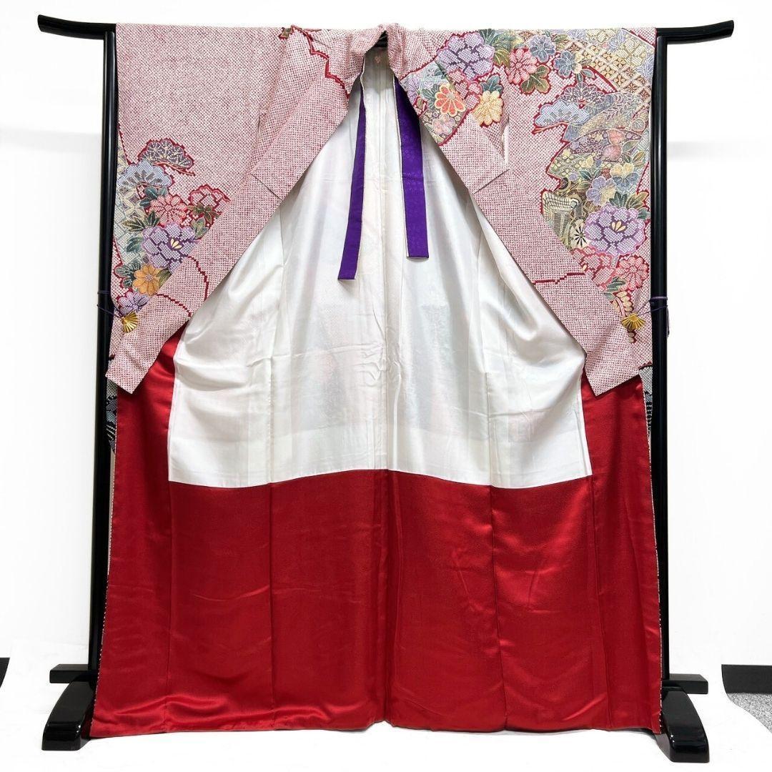 振袖 銀通し 金彩 辻ヶ花 鹿の子 牡丹 花模様 紅白 着物 121b p ms