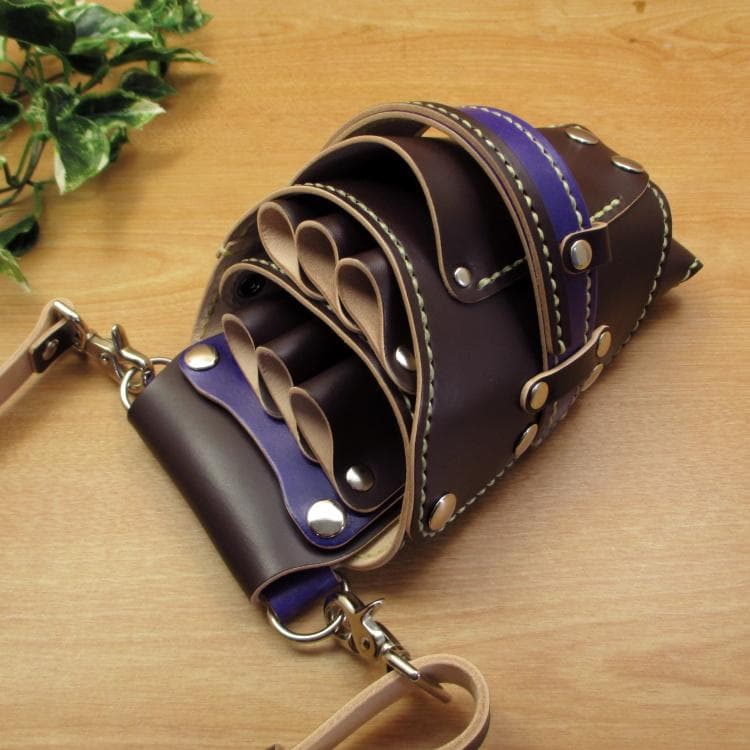 ダークブラウン＆パープル 6丁 革ベルト付 シザーケース SCL-100/CDC