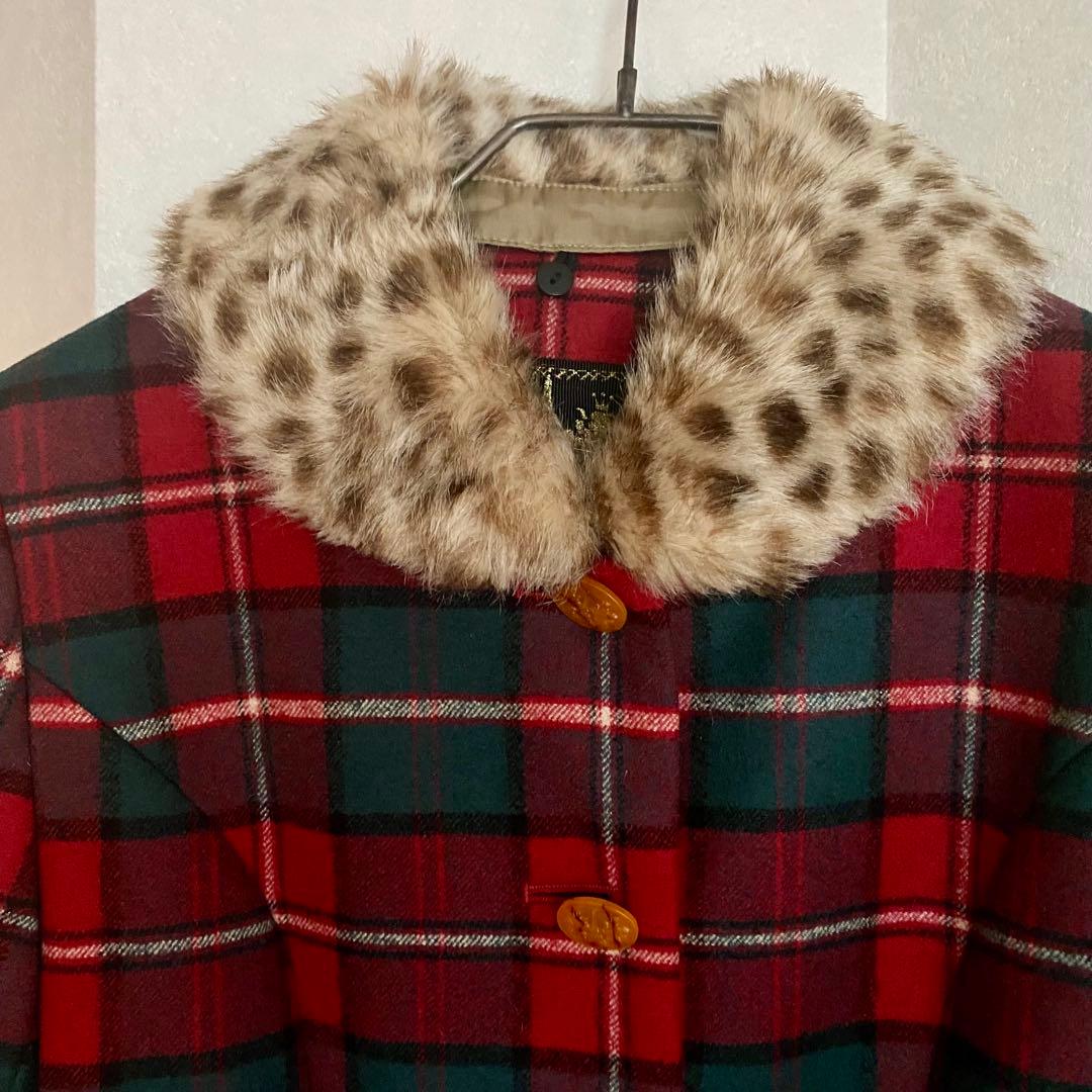 美品】ジェーンマープル タータンチェック ケープ ファー付き